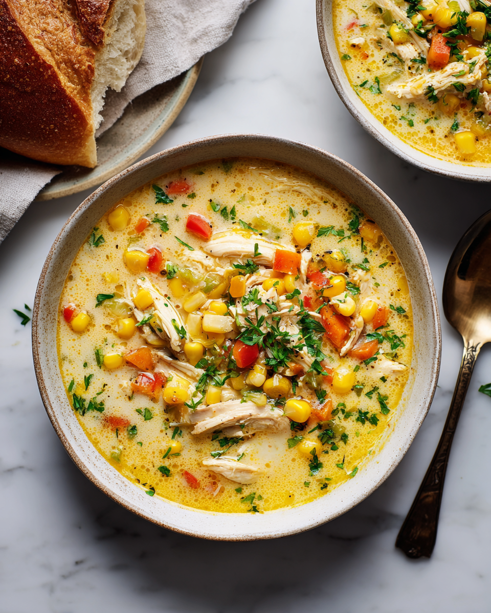 Zuppa cremosa di pollo e mais, comfort food autunnale, facile e veloce.