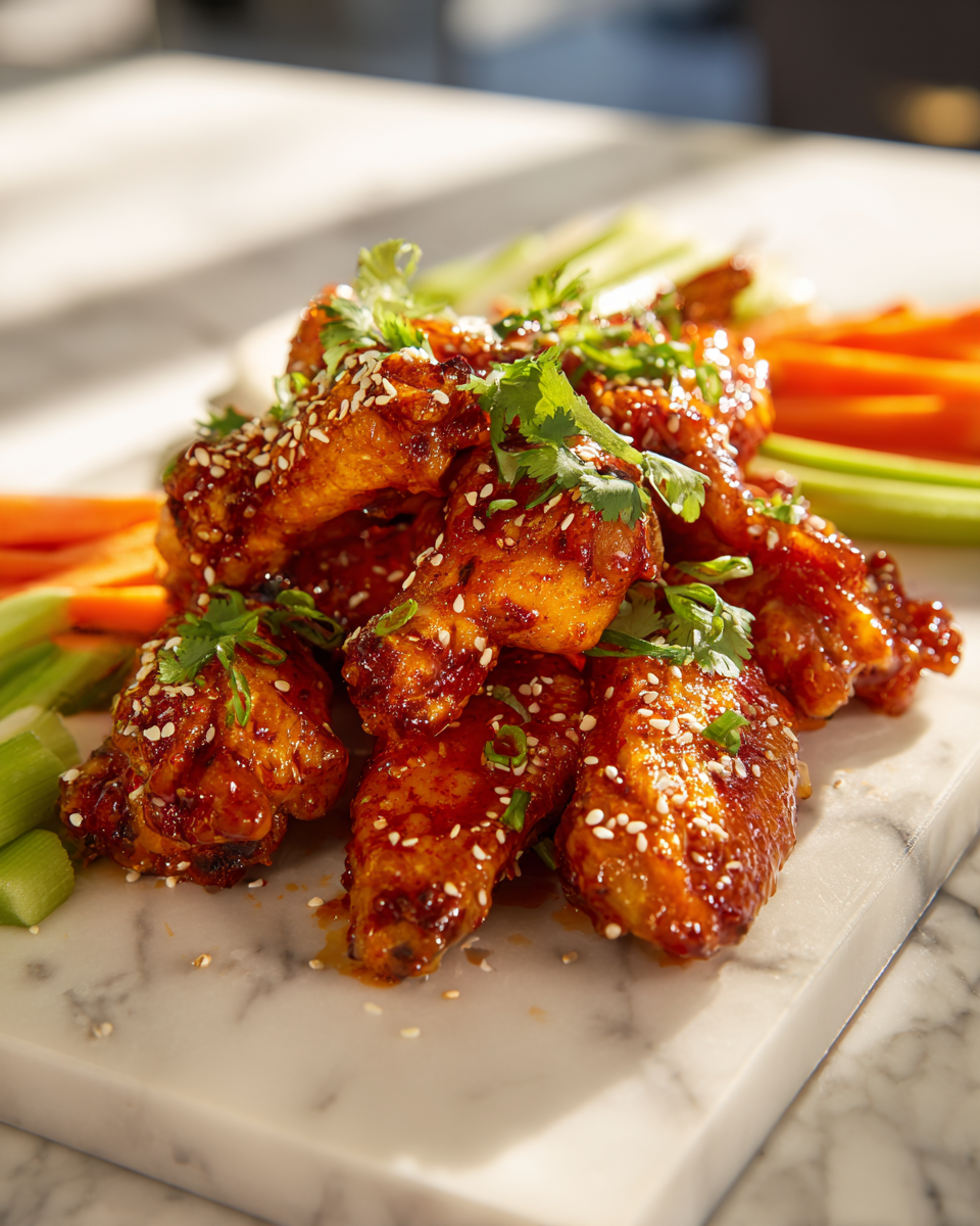 Ali di pollo al honey Sriracha, dolci e piccanti, perfette per cene estive e feste con amici.