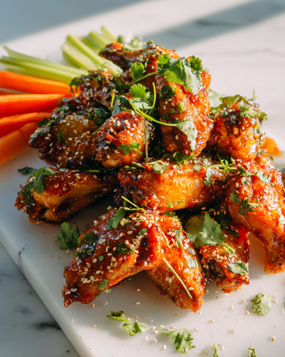 Ali di pollo al honey Sriracha, dolci e piccanti, perfette per cene estive e feste con amici.