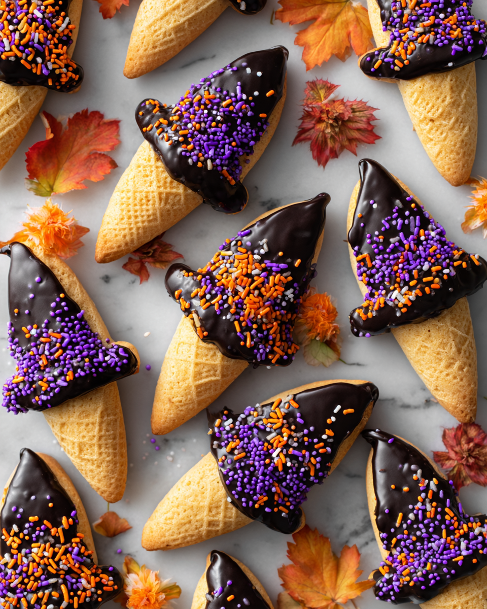 Deliziosi Biscotti a Cappello da Strega per Halloween Biscotti a cappello da strega decorati per Halloween, facili da preparare e deliziosi, con glassa e coni di cioccolato.