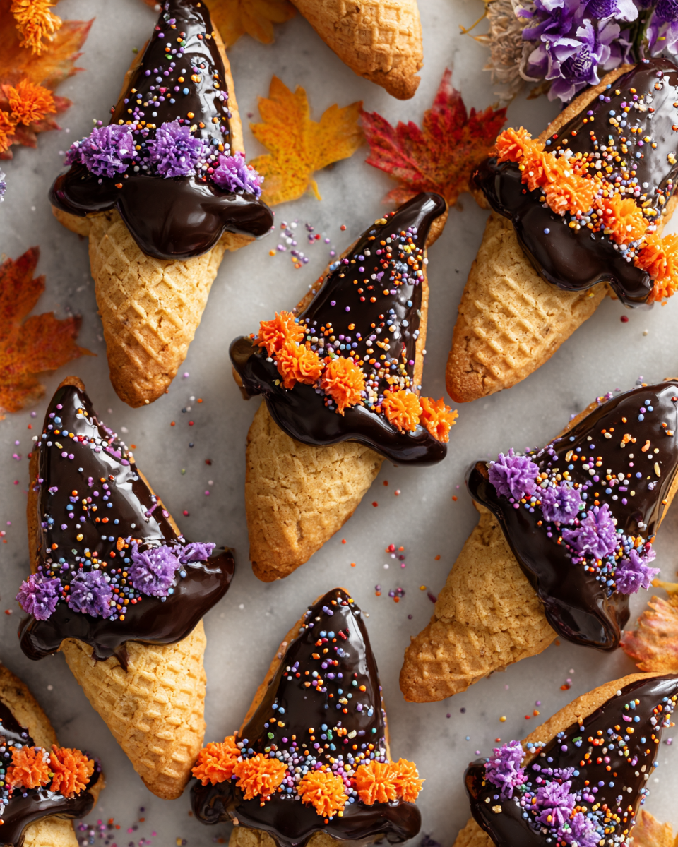 Deliziosi Biscotti a Cappello da Strega per Halloween Biscotti a cappello da strega decorati per Halloween, facili da preparare e deliziosi, con glassa e coni di cioccolato.