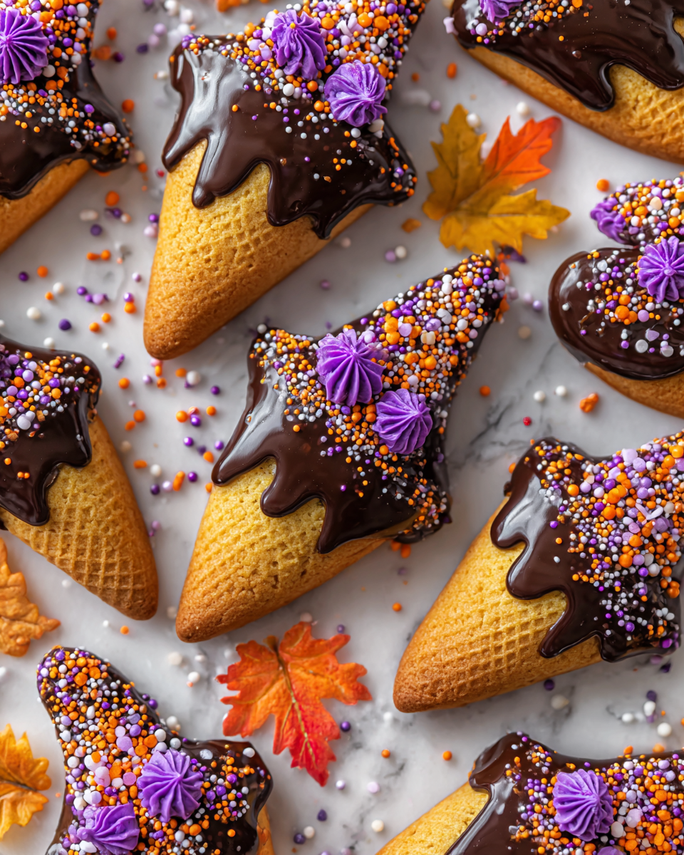 Deliziosi Biscotti a Cappello da Strega per Halloween Biscotti a cappello da strega decorati per Halloween, facili da preparare e deliziosi, con glassa e coni di cioccolato.