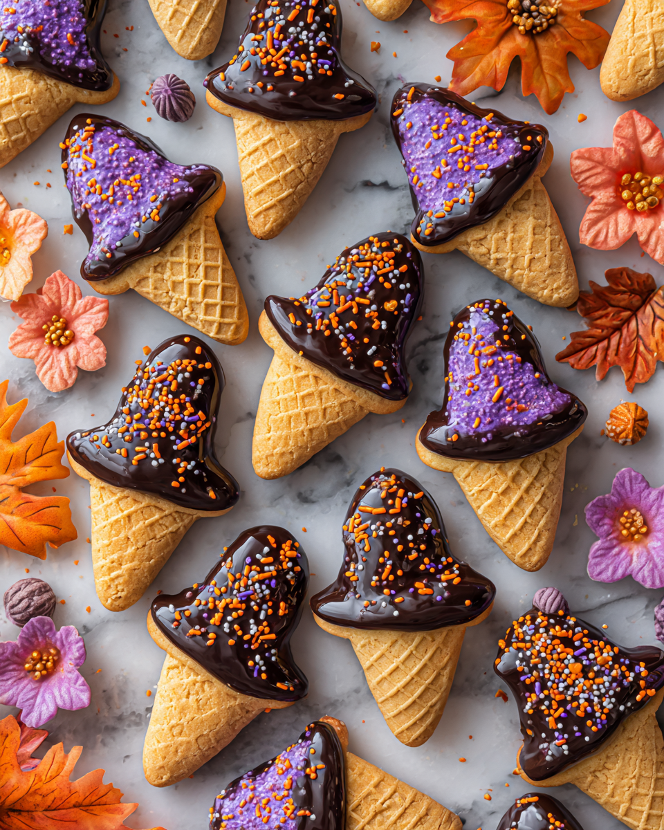 Deliziosi Biscotti a Cappello da Strega per Halloween Biscotti a cappello da strega decorati per Halloween, facili da preparare e deliziosi, con glassa e coni di cioccolato.