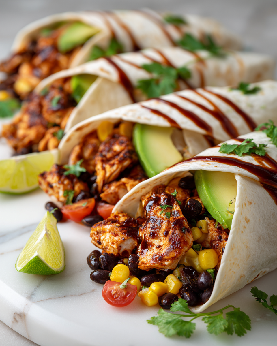 Delizioso Burrito di Pollo Chipotle per le tue Feste Burrito di pollo chipotle con avocado e lime, ideale per feste.