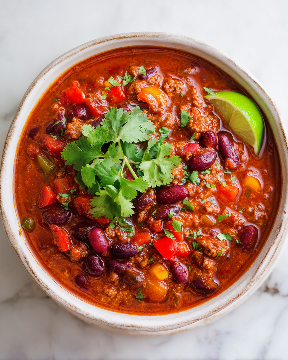 Riscaldante chili di manzo per serate autunnali, ricco di sapore e comfort, ideale per riunioni di famiglia e feste con ingredienti freschi.