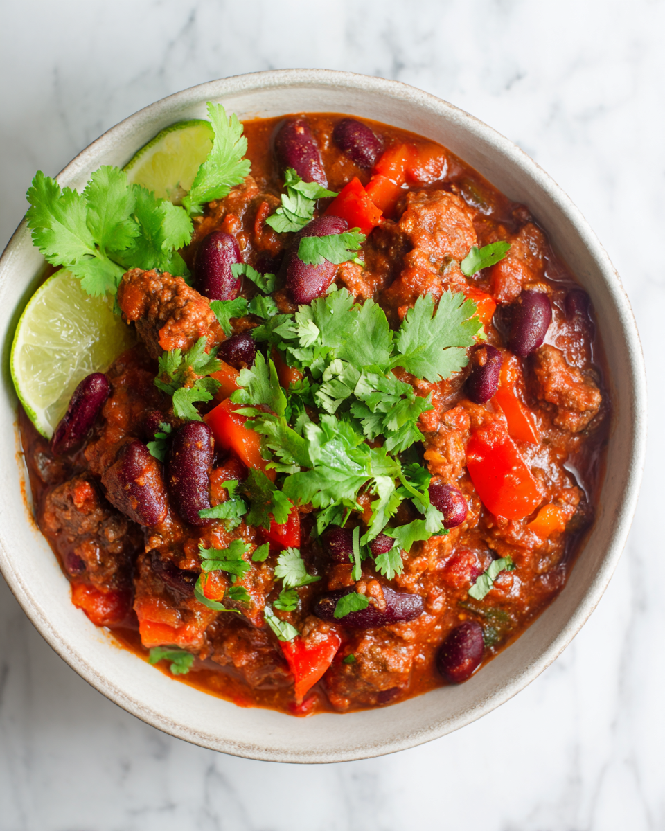 Riscaldante chili di manzo per serate autunnali, ricco di sapore e comfort, ideale per riunioni di famiglia e feste con ingredienti freschi.