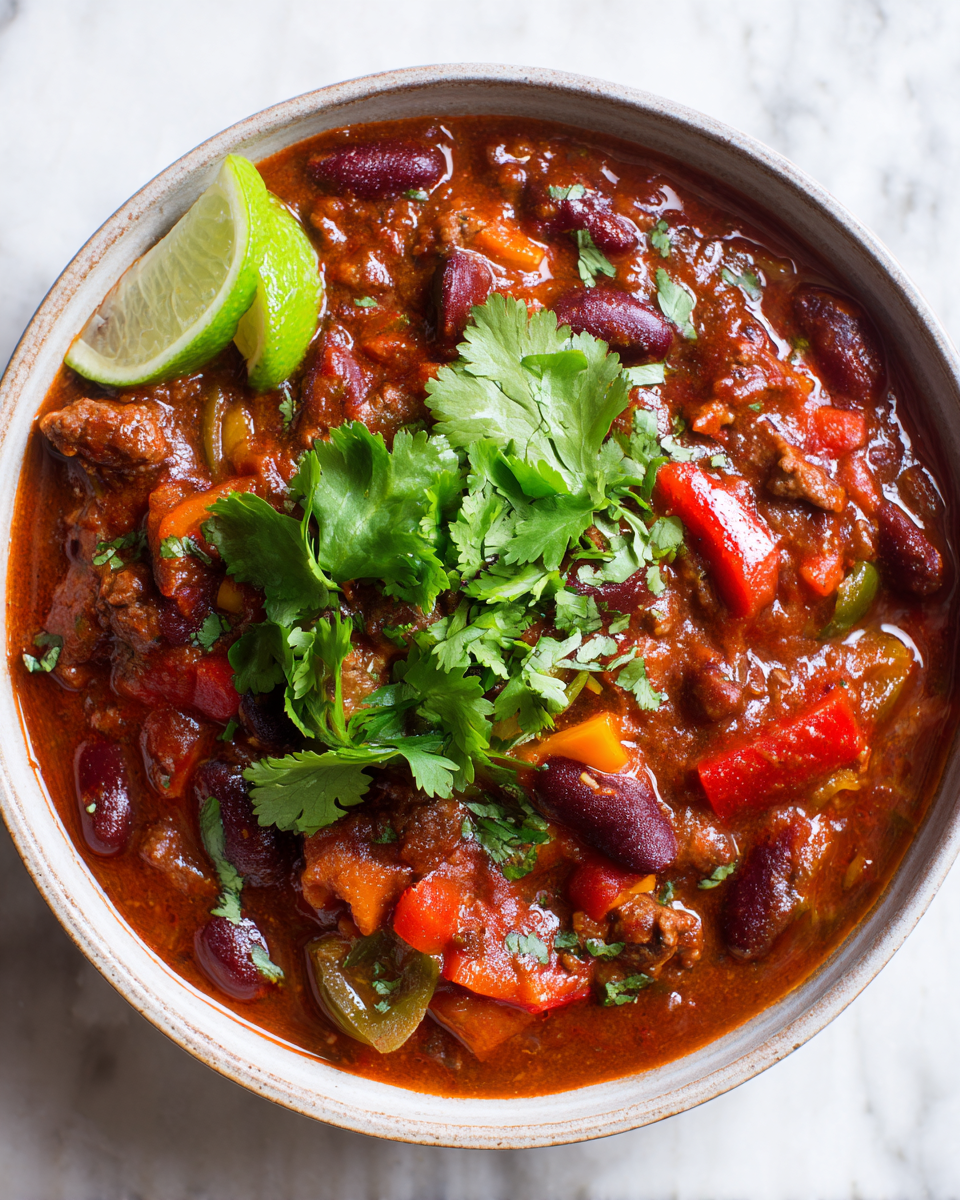 Riscaldante chili di manzo per serate autunnali, ricco di sapore e comfort, ideale per riunioni di famiglia e feste con ingredienti freschi.